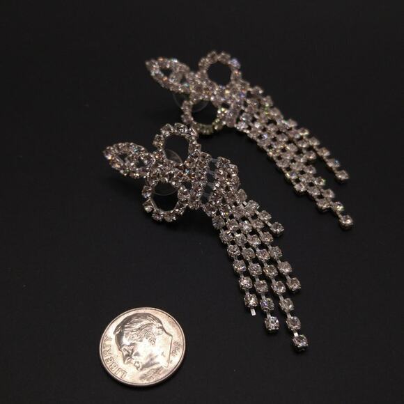 Vintage Rhinestones Dangle Post Earrings, Formal Earrings, Five Tassels, 3 Inch - Picture 7 of 7